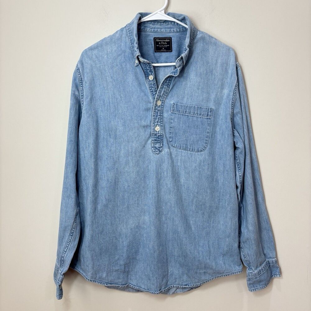 Abercrombie Fitch Chambray Denim Popover Shirt Men M Blue Henley Collar Western